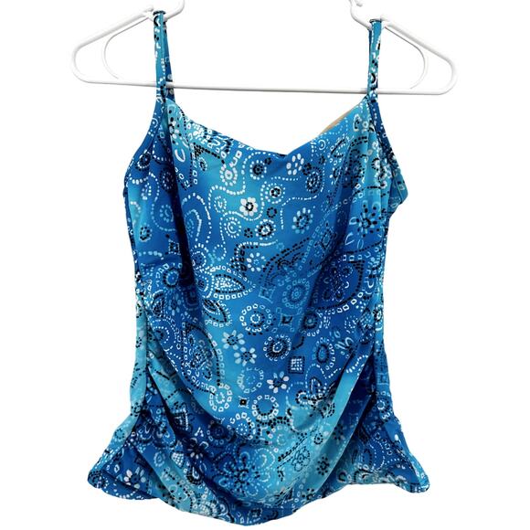 Miraclesuit Tankini Bandana Print Underwire Spaghetti Strap Ruched Sides Blue 14 - Picture 1 of 5